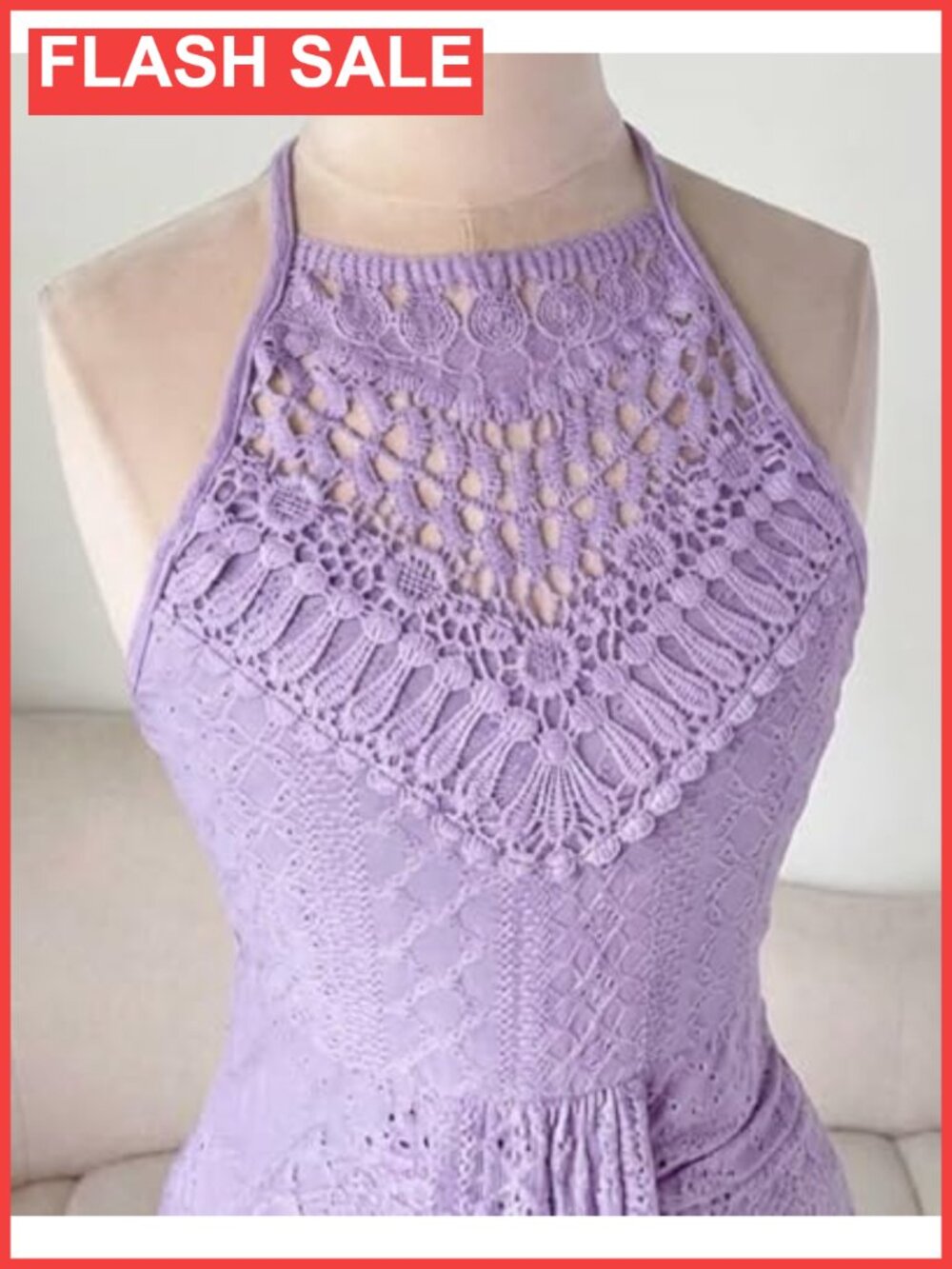 Women's Summer Halter Maxi Dress Eyelet Embroidery Side Slit - Picture 4 of 6